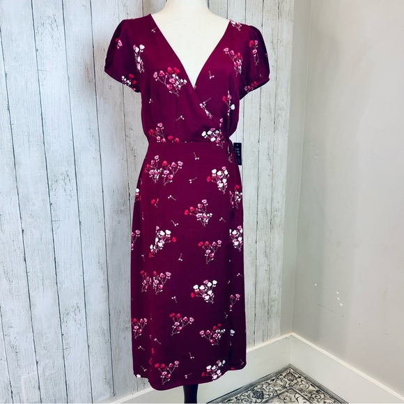 Express | Burgundy Floral Wrap Midi Dress Size Small NWT - Picture 2 of 14